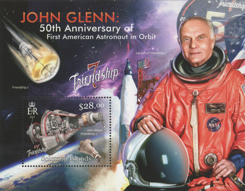 M12222  - 2012 $28 Friendship 7, 50th Anniversary of First American in Orbit - John Glenn, Mint Souvenir Sheet, Solomon Islands