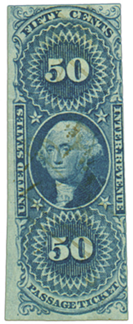R61a  - 1862-71 50c US Internal Revenue Stamp - Passage Ticket, imperf, blue