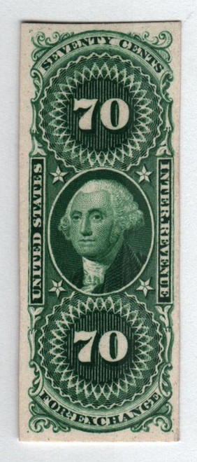 R65P4  - 1862-71 70c US Internal Revenue Stamp - Foreign Exchange, plate on card, green