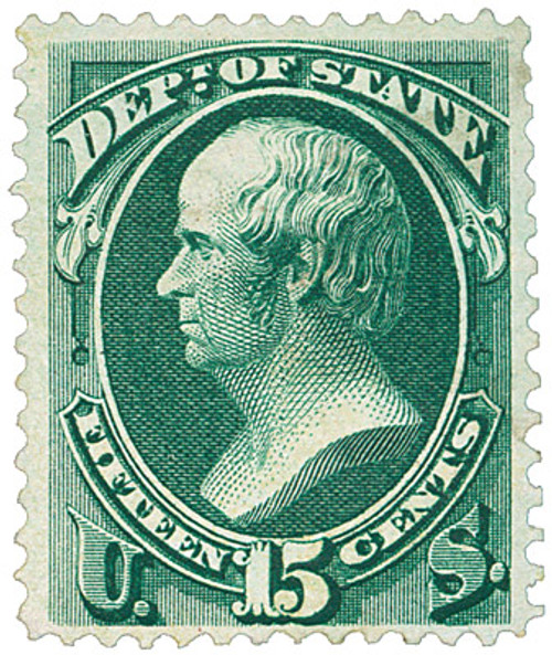 O64  - 1873 15c Dark Green, Department of State, Webster, Hard Paper