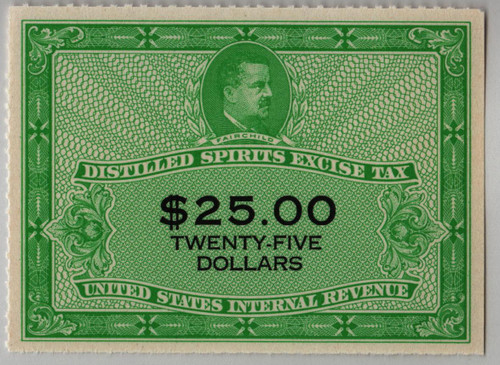 RX36  - 1952 $25.00 Distilled Spirits Excise Tax Stamp - yellow green & black