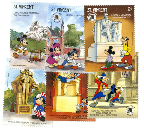 MDS185  - 1989 Disney's Mickey and Friends Visit the U.S. National Monuments, Mint, Set of 6, St. Vincent