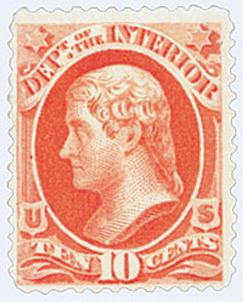 O100  - 1879 10c Vermillion, Department of the Interior, Jefferson, Soft Paper