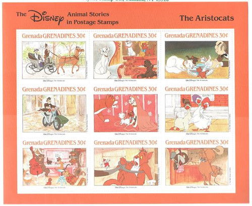 MDS341F  -  1988 Disney's Animal Stories - The Aristocats, Mint, Sheet of 9 Stamps, Grenada Grenadines