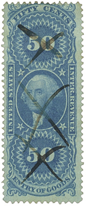 R55  - 1862-71 50c US Internal Revenue Stamp - Entry of Goods, old paper, blue