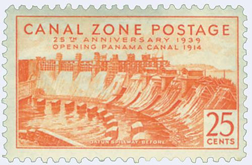 CZ134  - 1939 25c Canal Zone - Gatun Spillway Before, Flat Plate Printing, unwatermarked, orange