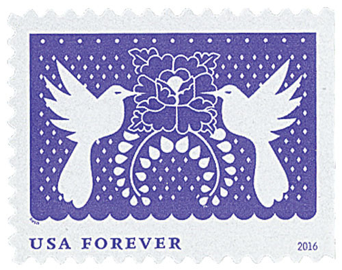 5090  - 2016 First-Class Forever Stamp - Colorful Celebrations: Violet with Two White Birds and a Flower