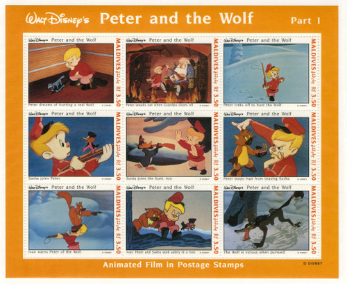 MDS162  - 1993 Disney's "Peter and The Wolf, Mint Sheet of 9 Stamps, Maldives