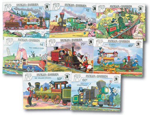 MDS227A  - 1989 Disney's Trains - Friends Ride the Rails, Mint, Set of 8 Stamps, Antigua-Barbuda