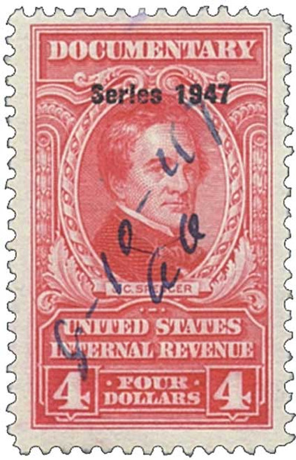 R476  - 1947 $4 US Internal Revenue Stamp - watermark, perf 11, carmine