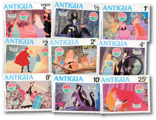 MDS219A  - 1980 Disney's Sleeping Beauty, Mint Set of 9 Stamps, Antigua