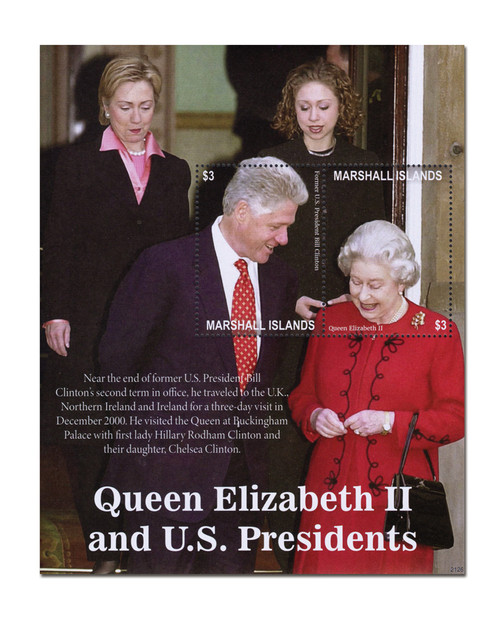 MFN221  - 2021 $3 Queen Elizabeth II and US Presidents: Bill Clinton, Mint Souvenir Sheet, Marshall Islands