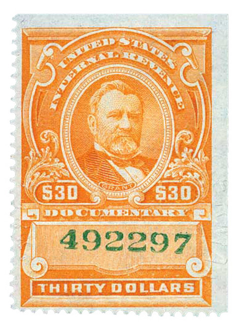 R246  - 1917 $30 US Internal Revenue Stamp - Grant, no gum, orange, green numerals