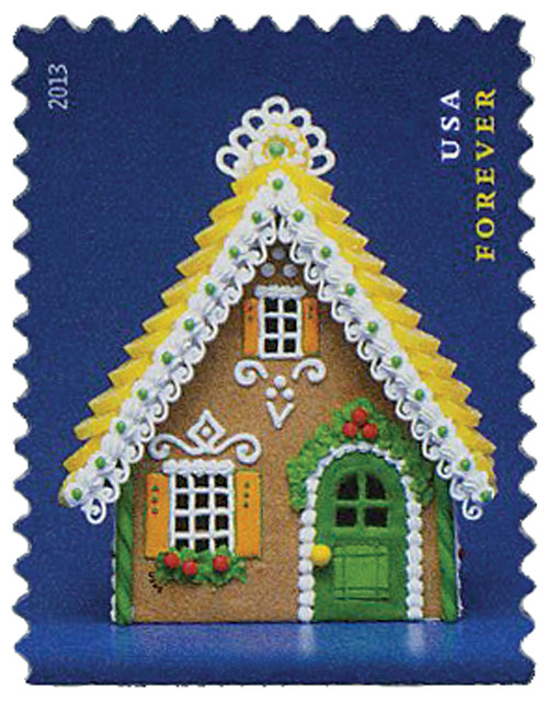 4819  - 2013 First-Class Forever Stamp - Contemporary Christmas: Gingerbread House with Yellow Roof and Green Door