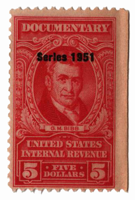 R577  - 1951 $5.00 US Internal Revenue Stamp - watermark, perf 11, carmine