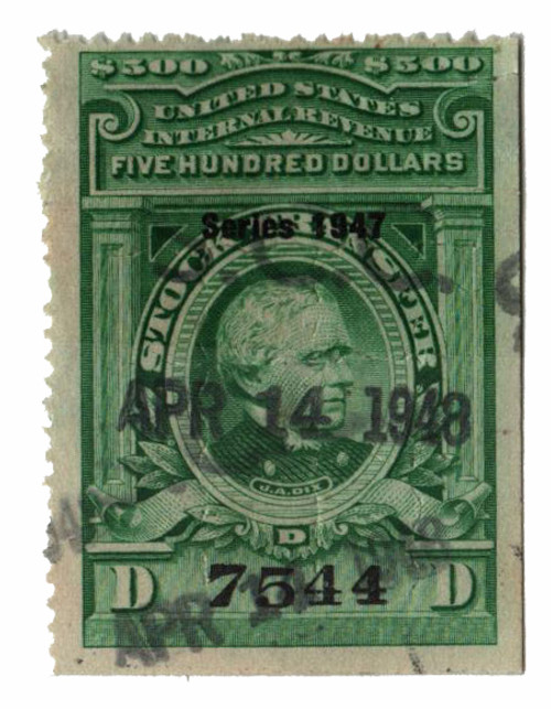 RD256  - 1947 $500 Stock Transfer Stamp, bright green, watermark, perf 12