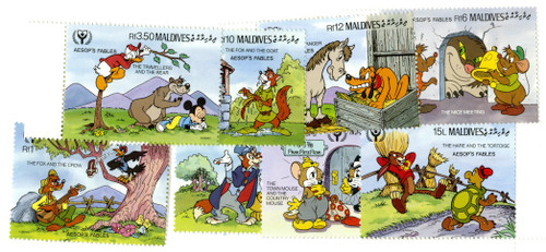 MDS385A  - 1990 Disney Character's in Aesop's Fables, Mint, Set of 8 Stamps, Maldives