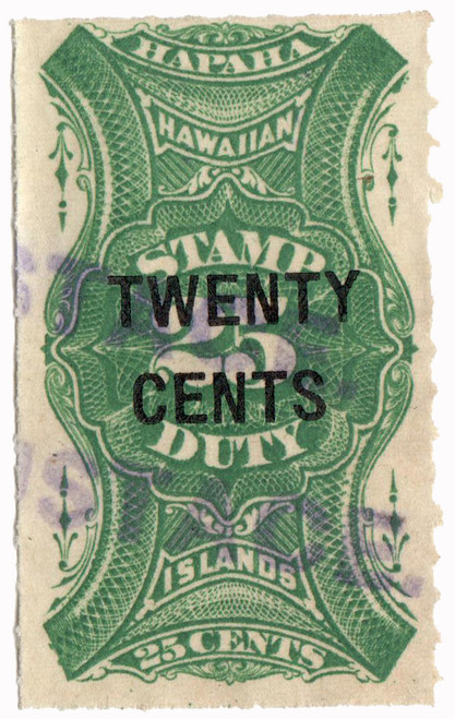 HR7  - 1893-94 20c on 25c Hawaii Revenue Stamp, green, surcharge in black