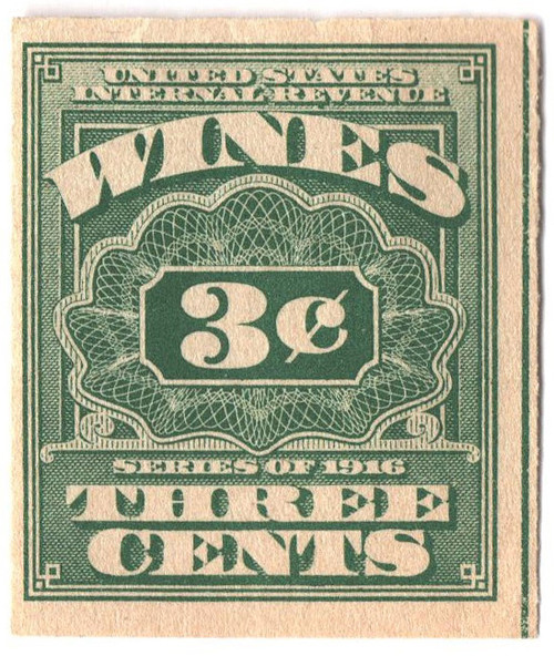 RE33  - 1916 3c Cordials, Wines, Etc. Stamp - Rouletted 31/2, watermark, offset, green