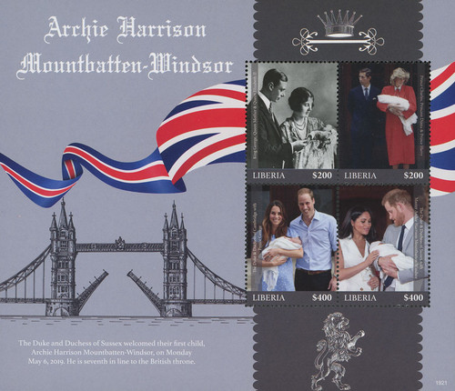 M12511  - 2019 $200 & $400 Master Archie Harrison Mountbatten-Windsor Birth, Sheet of 4 Stamps, Mint, Liberia