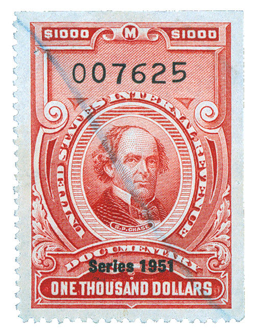 R585  - 1951 $1000 US Internal Revenue Stamp - no gum, perf 12, carmine