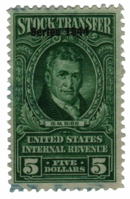 RD177 - 1944 $5 Stock Transfer Stamp, bright green, watermark, perf 11