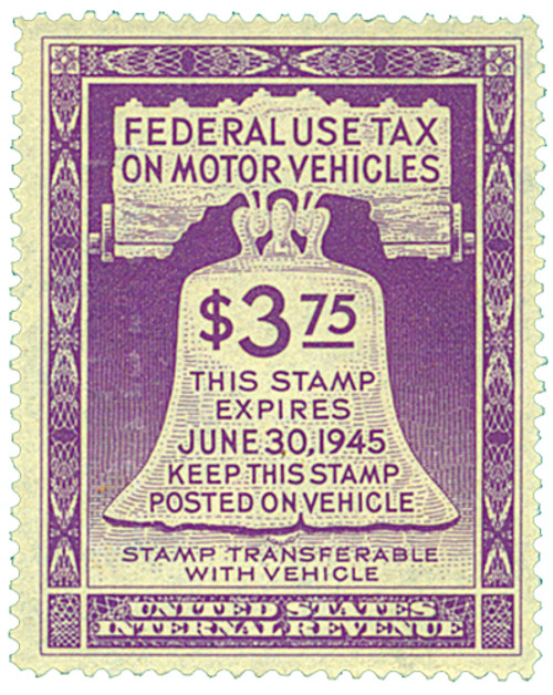 RV33  - 1944 $3.75 Motor Vehicle Use Tax, violet (gum on face, control no. & inscription on back)