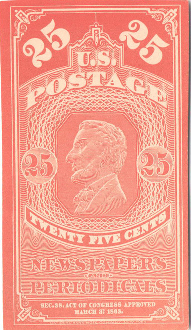 PR3P4  - 1865 25c Newspaper & Periodical Stamp - plate proof on card, orange red