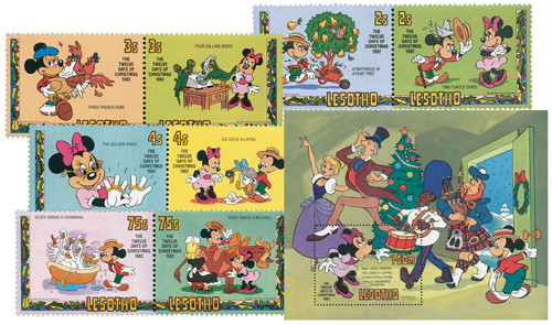 MDS367  - 1982 Disney & Friends Celebrate Christmas, Mint, Set of 4 pairs and Souvenir Sheet, Lesotho