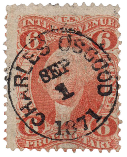 R31  - 1862-71 6c US Internal Revenue Stamp - Proprietary, old paper, orange