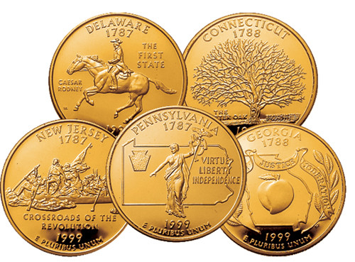 CNGP1999P  - 50 State Quarters Program - set of 5 gold-plated state quarters issued in 1999 (DE, PA, NJ, GA, CT)