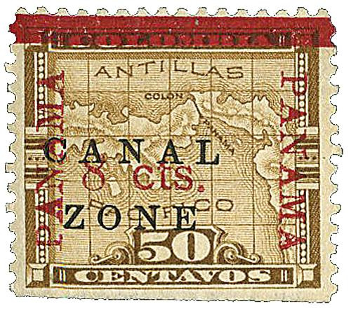 CZ19d  - 1905-06 8c on 50c Canal Zone - Centavo Map of Panama, brown