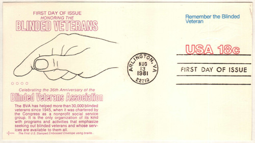 U600  - 1981 18c Hand & Braille Stamped Envelope