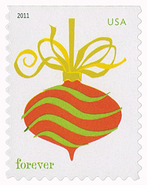 4575  - 2011 First-Class Forever Stamp - Holiday Baubles: Green and Red Wavy Line Ornament (Convertible Booklet)