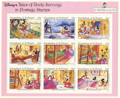 MDS198  -  1992 Disney's The Princess and The Pea, Mint Sheet of 9 Stamps, St. Vincent