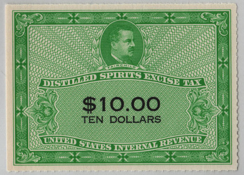 RX35  - 1952 $10.00 Distilled Spirits Excise Tax Stamp - yellow green & black