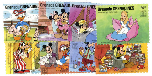 MDS340A  - 1987 Disney Commeorates HAFNIA 87 with Fairy Tales, Mint, Set of 8 Stamps, Grenada Grenadines