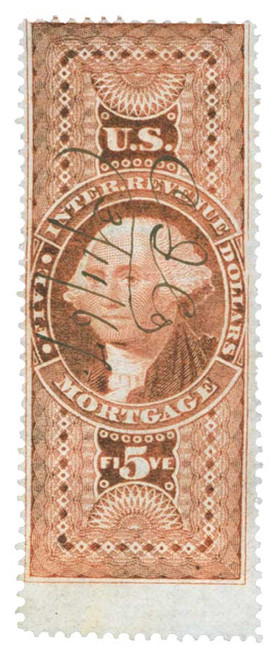 R91  - 1862-71 $5 US Internal Revenue Stamp - Mortgage, old paper, red
