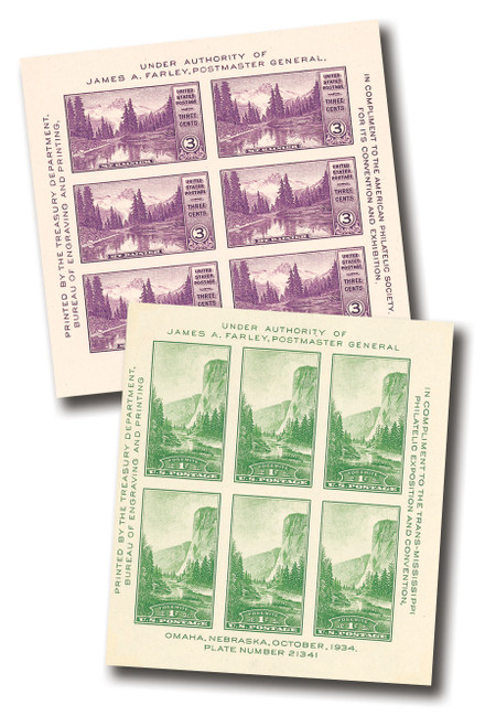 750-51  - 1934 3c Mt. Rainer and 1c Yosemite, imperforate souvenir sheets