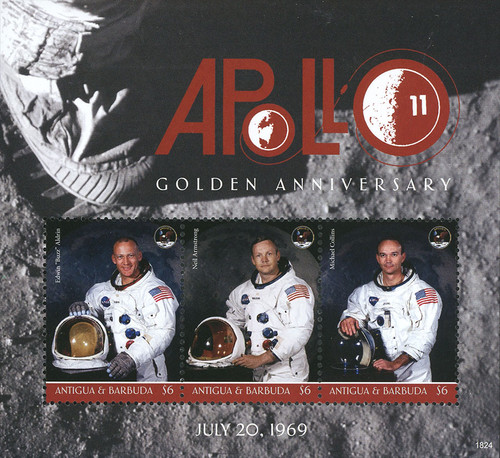 M12450  - 2018 $6 Apollo 11 Moon Landing - 50th Anniversary, Mint, Sheet of 3 Stamps, Antigua & Barbuda