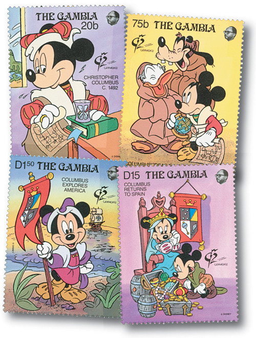 MDS281A  - 1992 Disney Commemorates 500th Anniversary of Columbus' Voyage, Mint, Set of 4 Stamps, Gambia