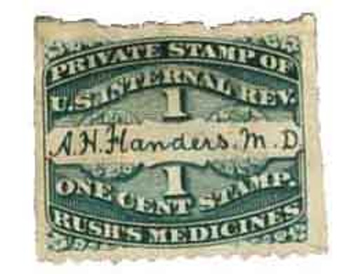 RS87a  - 1862-71 1c Proprietary Medicine Stamp - green, old paper