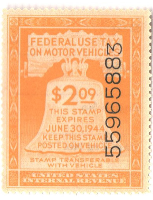 RV25  - 1944 $2.09 Motor Vehicle Use Tax, yellow (gum & control no. on face, inscription on back)