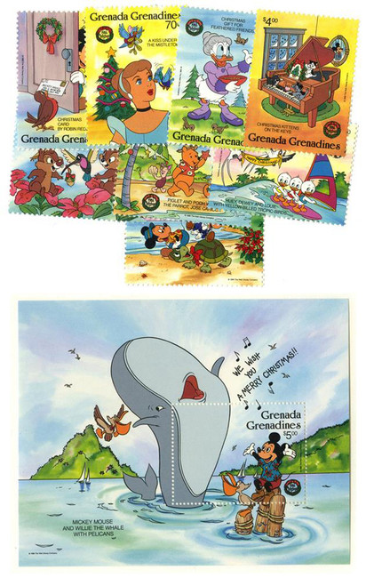 MDS339  - 1986 Disney and Friends Celebrate Christmas, Mint, Set of 8 Stamps and Souvenir Sheet, Grenada Grenadines