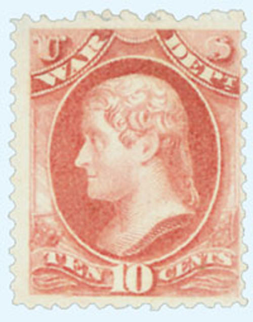 O118  - 1879 10c Rose Red, War Department, Jefferson, Soft Paper