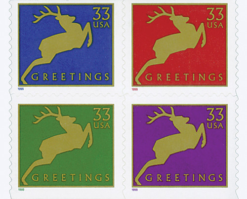 3367a  - 1999 33c Contemporary Christmas: Reindeer, block of 4 stamps