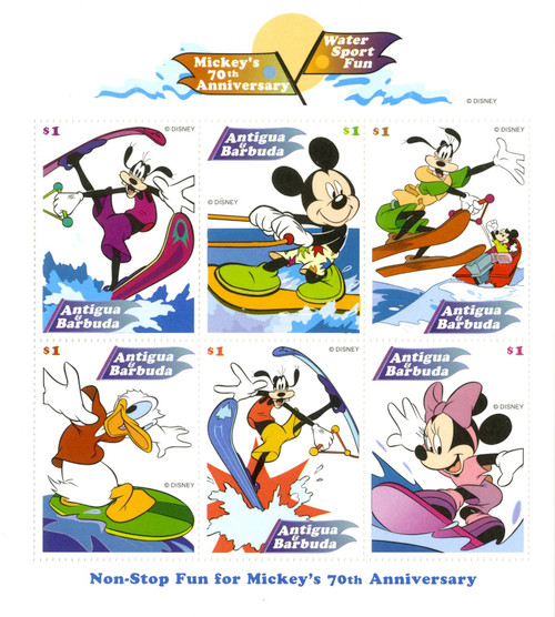 MDS240A  - 1998 Disney Celebrates Mickey's 70th Birthday, Mint Sheet of 6 Stamps, Antigua-Barbuda