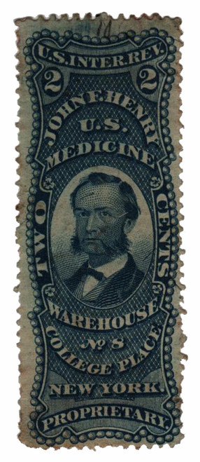 RS115b  - 1871-77 2c Proprietary Medicine Stamp - J.F. Henry, blue, silk paper