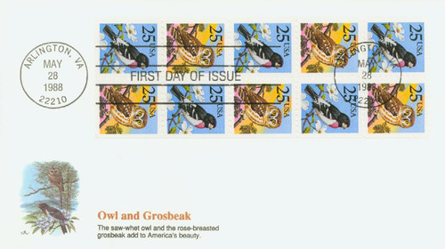 2285B  - 1988 25c Owl/Grosbeak Full Pane Cover