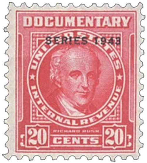 R368  - 1943 20c US Internal Revenue Stamp - watermark, perf 11, carmine